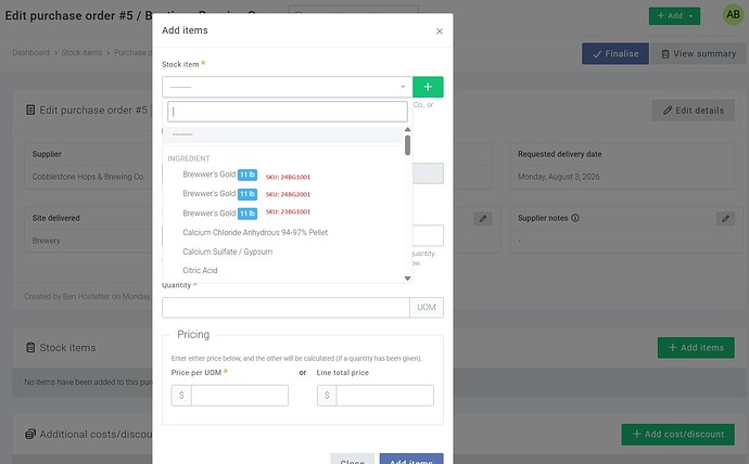 Breww Feature Request PO UI Drop Down 3