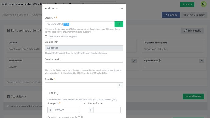 Breww Feature Request PO UI Drop Down 2